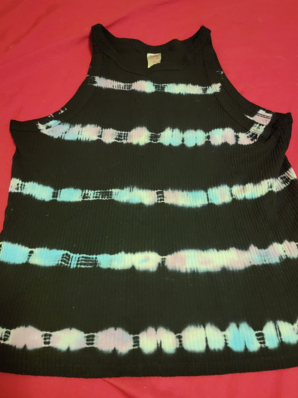 Justice Black Ribbed Tank with Pastel Blue and Pink Tie-Dye Stripes